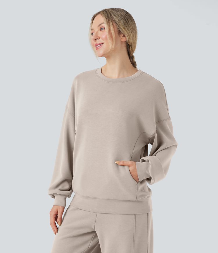 SpacerTek™ Round Neck Long Sleeve Crossover Back Casual Sweatshirt with Pockets