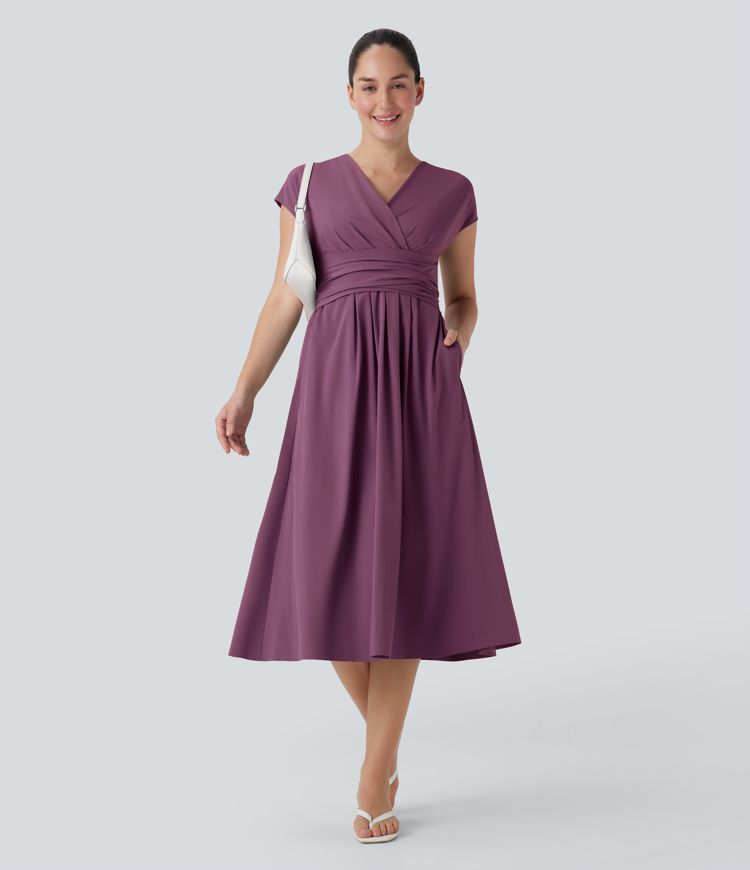 Breezeful™ V Neck Short Sleeve Side Pocket Tie Back Quick Dry Midi Casual Dress