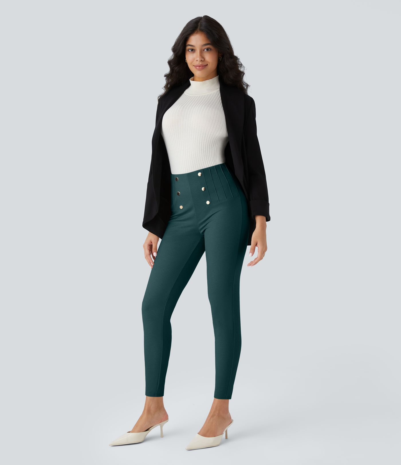 High Waisted Tummy Control Decorative Back Zipper Pockets Herringbone Work Leggings