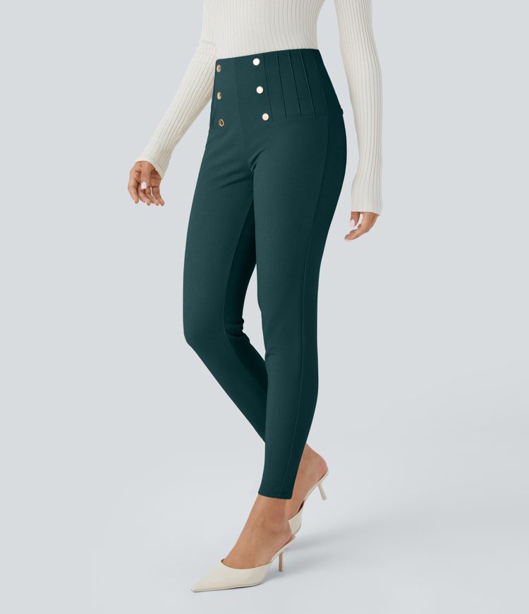 High Waisted Tummy Control Decorative Back Zipper Pockets Herringbone Work Leggings