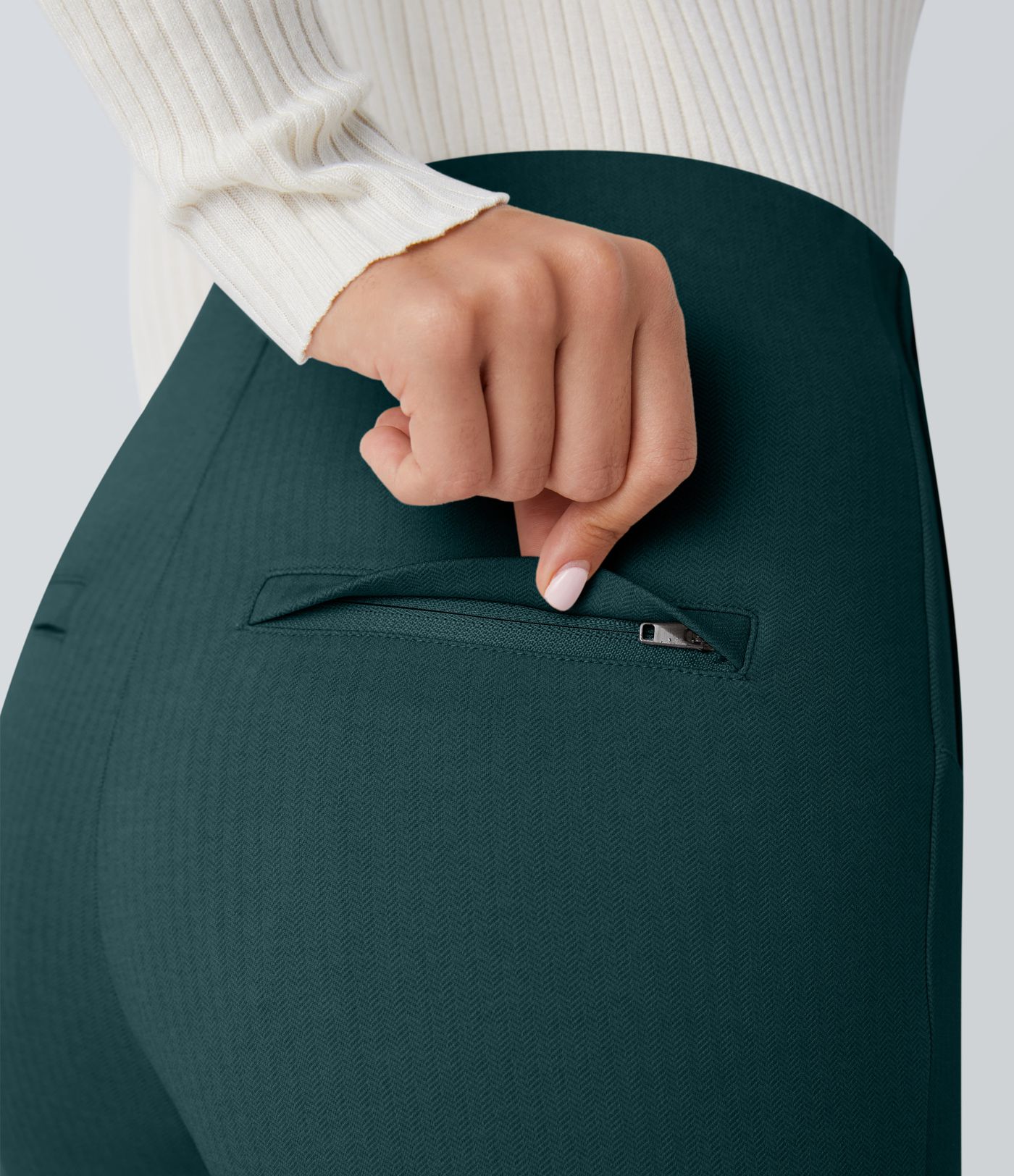 High Waisted Tummy Control Decorative Back Zipper Pockets Herringbone Work Leggings