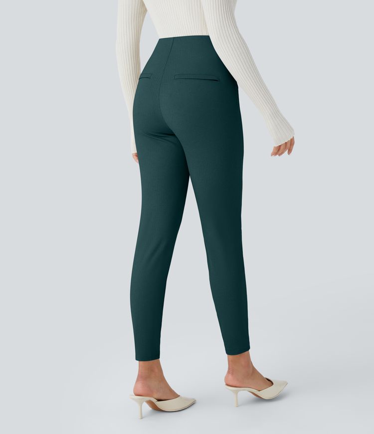 High Waisted Tummy Control Decorative Back Zipper Pockets Herringbone Work Leggings