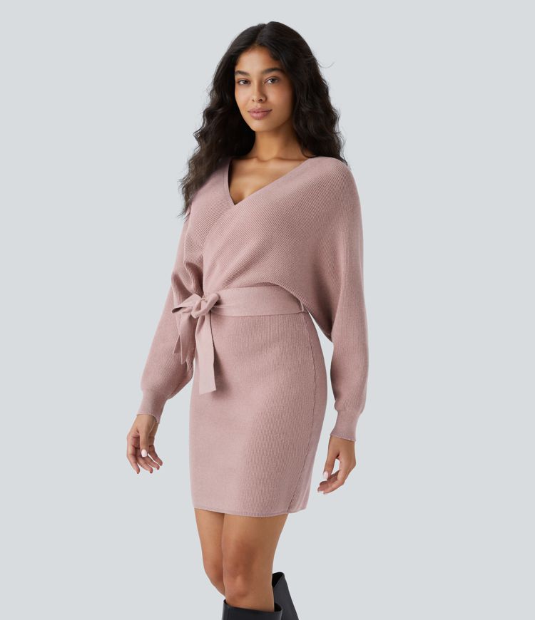 Vestido Casual Corto de Punto con Escote en V Cruzado, Mangas Murciélago Largas y Cinturón