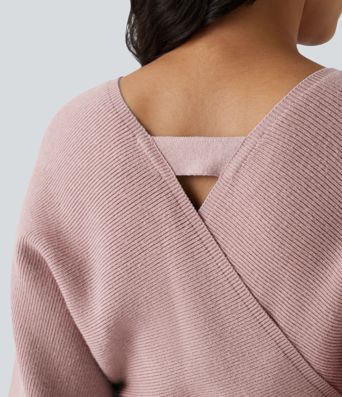 Vestido Casual Corto de Punto con Escote en V Cruzado, Mangas Murciélago Largas y Cinturón