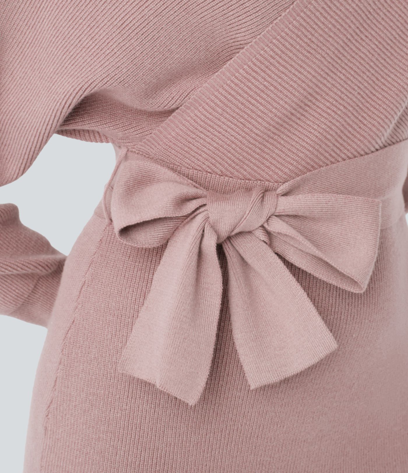 Vestido Casual Corto de Punto con Escote en V Cruzado, Mangas Murciélago Largas y Cinturón