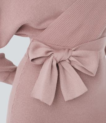 Vestido Casual Corto de Punto con Escote en V Cruzado, Mangas Murciélago Largas y Cinturón