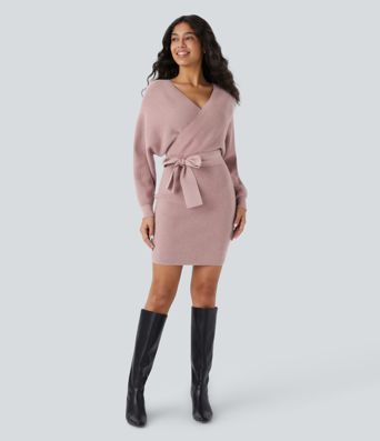 Vestido Casual Corto de Punto con Escote en V Cruzado, Mangas Murciélago Largas y Cinturón