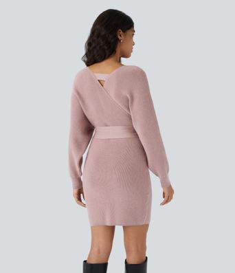 Vestido Casual Corto de Punto con Escote en V Cruzado, Mangas Murciélago Largas y Cinturón