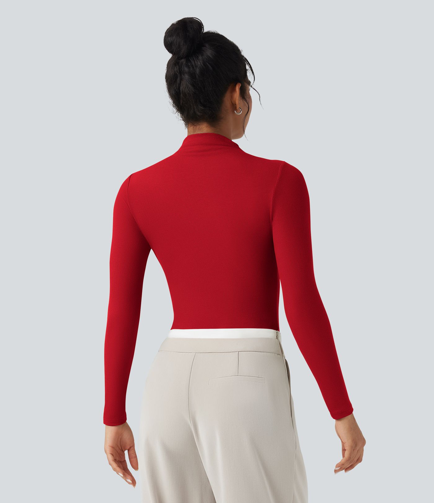 Ribbed Knit High-neck Cut-out Long Sleeve Skinny Work Bodysuit