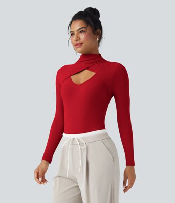 Ribbed Knit High-neck Cut-out Long Sleeve Skinny Work Bodysuit