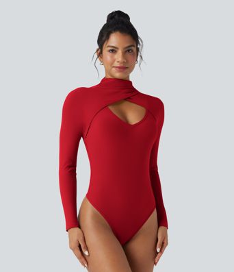 Ribbed Knit High-neck Cut-out Long Sleeve Skinny Work Bodysuit