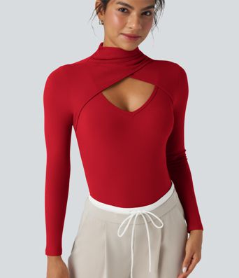 Ribbed Knit High-neck Cut-out Long Sleeve Skinny Work Bodysuit