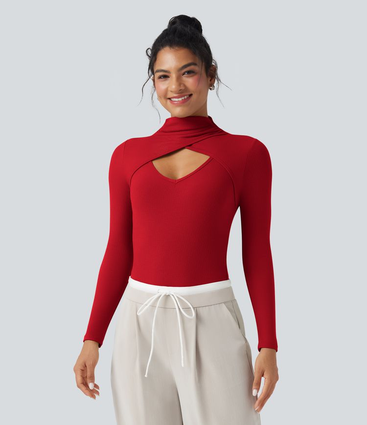 Ribbed Knit High-neck Cut-out Long Sleeve Skinny Work Bodysuit