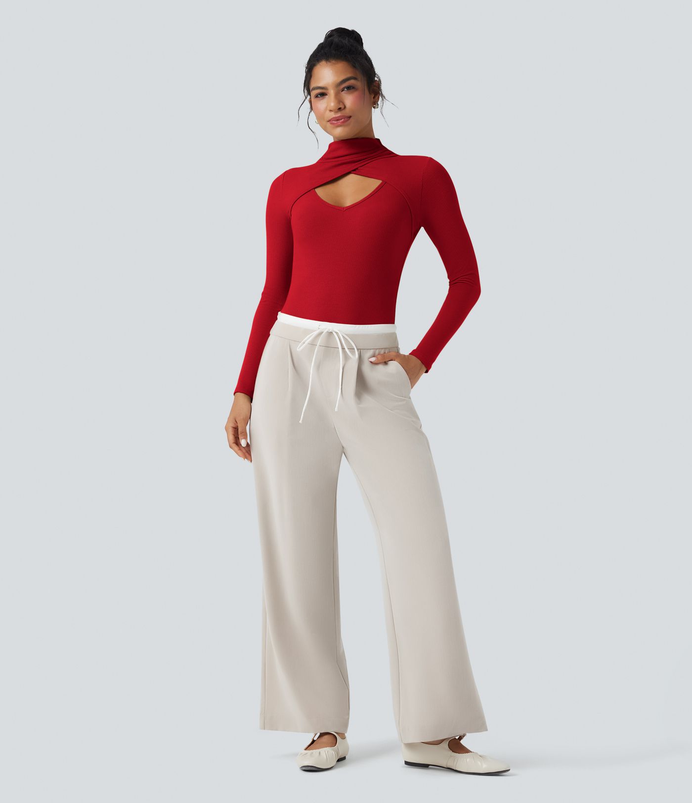 Ribbed Knit High-neck Cut-out Long Sleeve Skinny Work Bodysuit