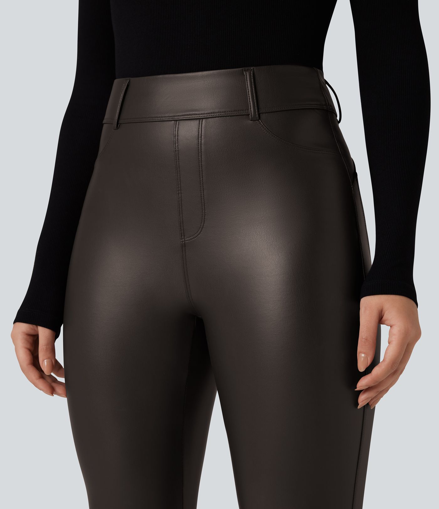 High Waisted Stretchy PU Fleece Casual Leggings with Pockets