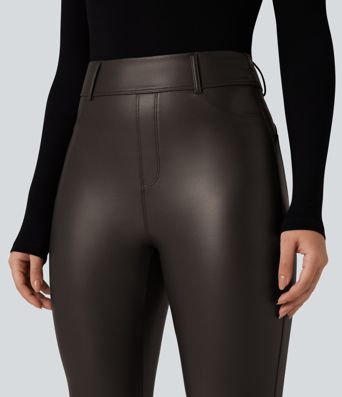 High Waisted Stretchy PU Fleece Casual Leggings with Pockets