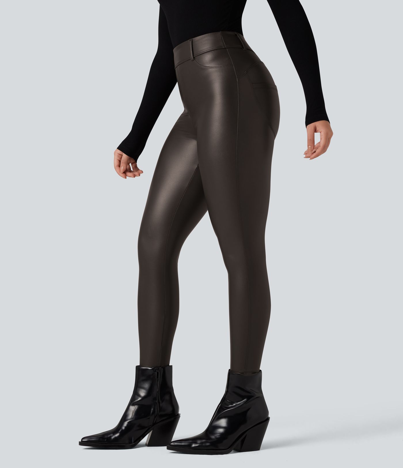 High Waisted Stretchy PU Fleece Casual Leggings with Pockets