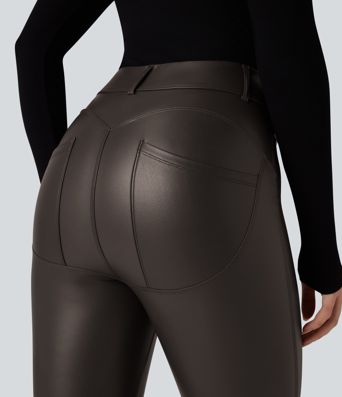 High Waisted Stretchy PU Fleece Casual Leggings with Pockets