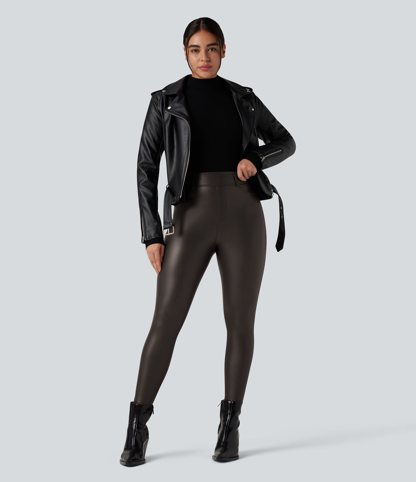 High Waisted Stretchy PU Fleece Casual Leggings with Pockets