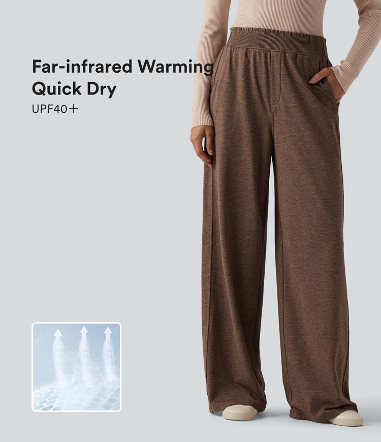 High Waisted Lettuce Trim Quick Dry Heathered Casual Wide Leg Sweatpants with Pockets-UPF40+
