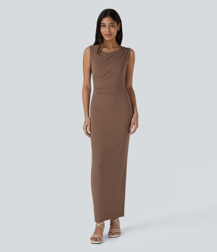 Round Neck Sleeveless Ruched Maxi Party Dress