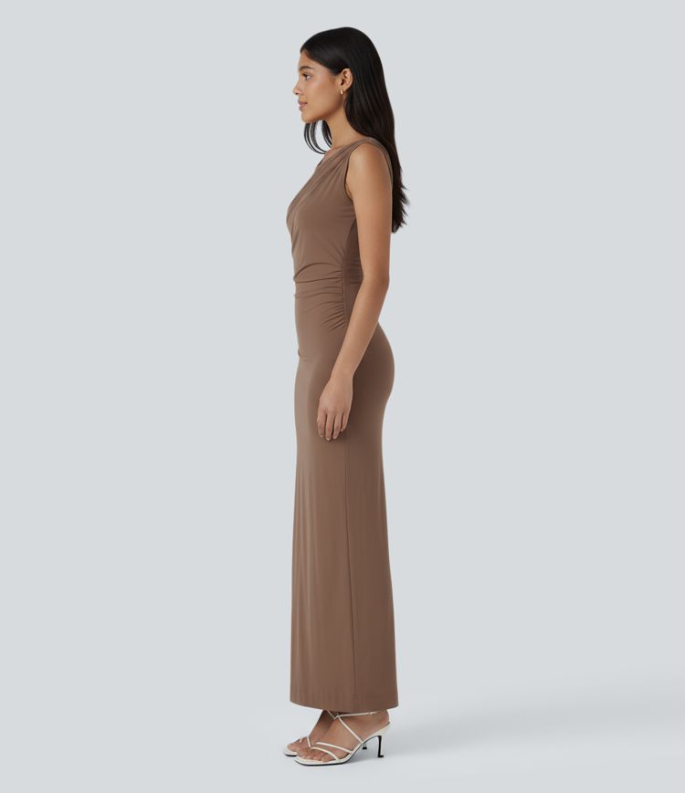Round Neck Sleeveless Ruched Maxi Party Dress