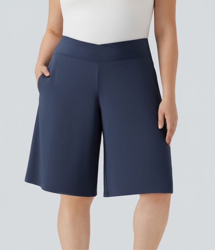 SoftlyZero™ Airy Crossover High Waisted Wide Leg Cool Touch Yoga Pedal Pusher Plus Size Women Pants with Pockets