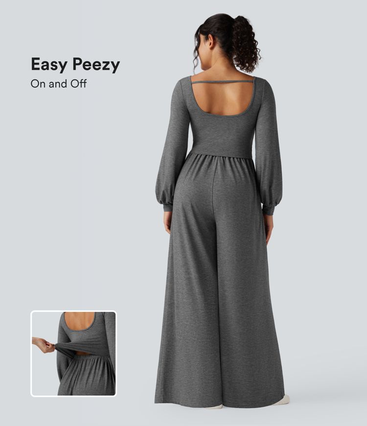 Scoop Neck Backless Long Sleeve Heathered Casual Wide Leg Jumpsuit with Pockets-Easy Peezy