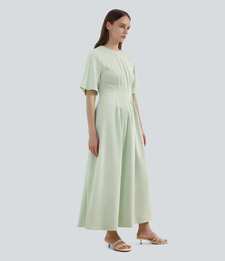 Round Neck Zipper Pleated Maxi Work Dress