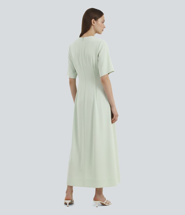 Round Neck Zipper Pleated Maxi Work Dress