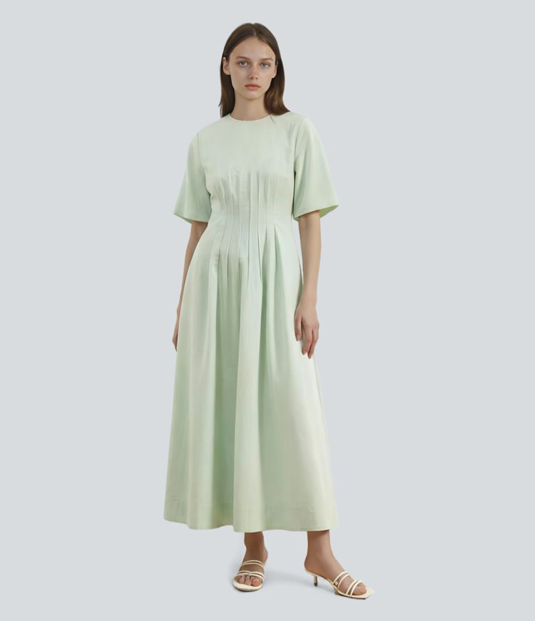 Round Neck Zipper Pleated Maxi Work Dress