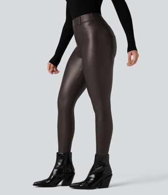 High Waisted Stretchy PU Fleece Casual Leggings with Pockets