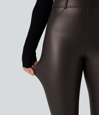 High Waisted Stretchy PU Fleece Casual Leggings with Pockets