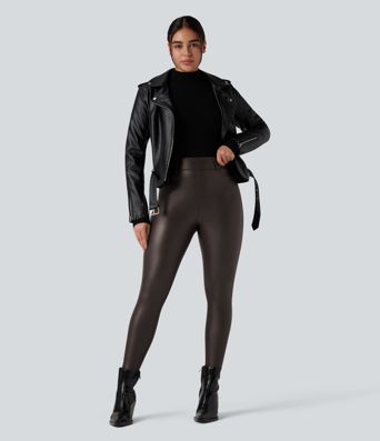 High Waisted Stretchy PU Fleece Casual Leggings with Pockets