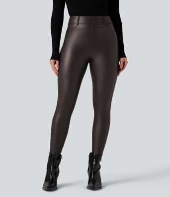 High Waisted Stretchy PU Fleece Casual Leggings with Pockets