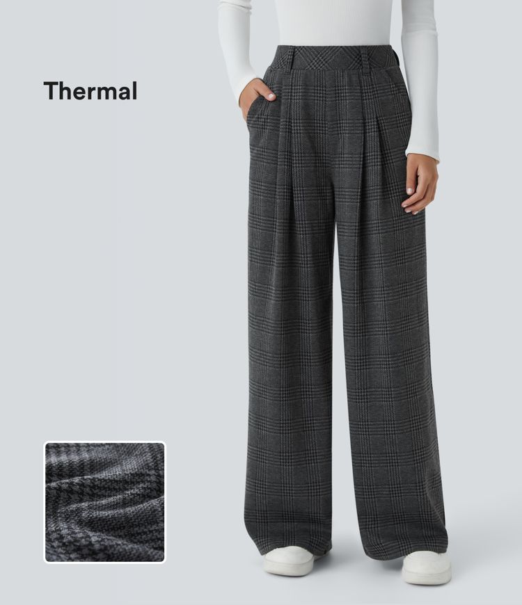 High Waisted Pocket Wide Leg Houndstooth Plaid Casual Pants