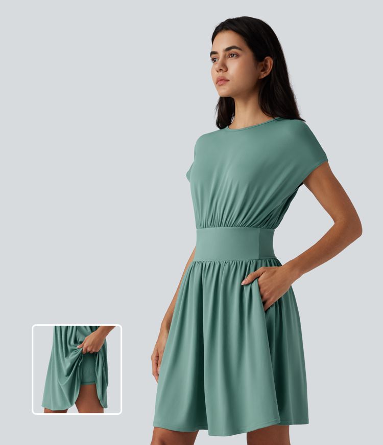 Batwing Short Sleeve 2-in-1 Flowy Mini Casual Dress with Pockets