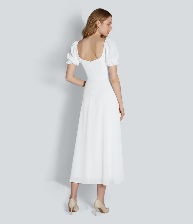 Sweetheart Neck Puff Sleeve Split Maxi Chiffon Bridesmaid And Wedding Guest Dress