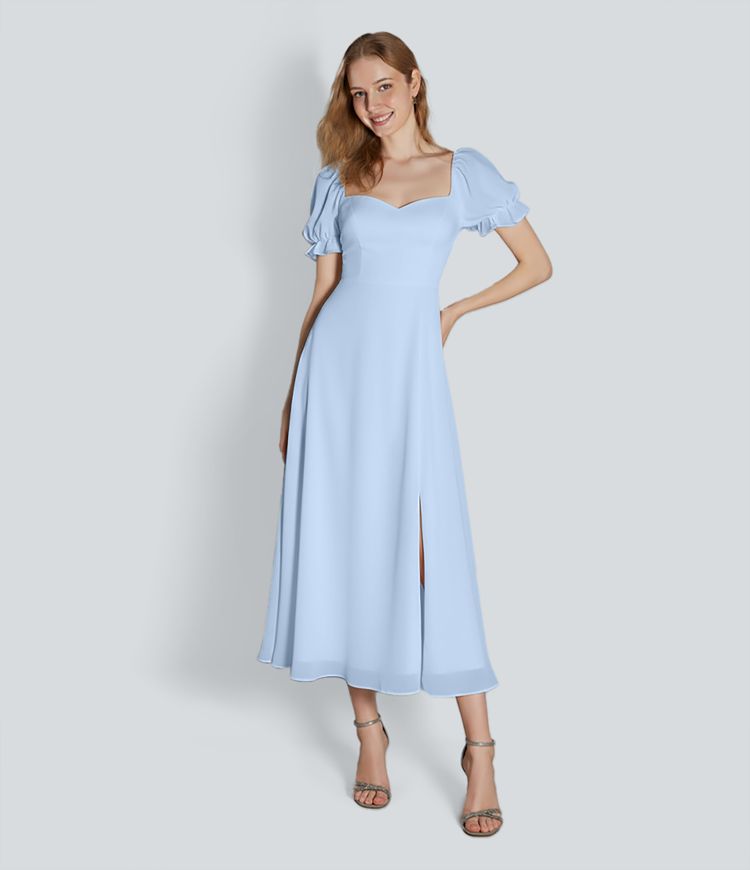 Sweetheart Neck Puff Sleeve Split Maxi Chiffon Bridesmaid And Wedding Guest Dress