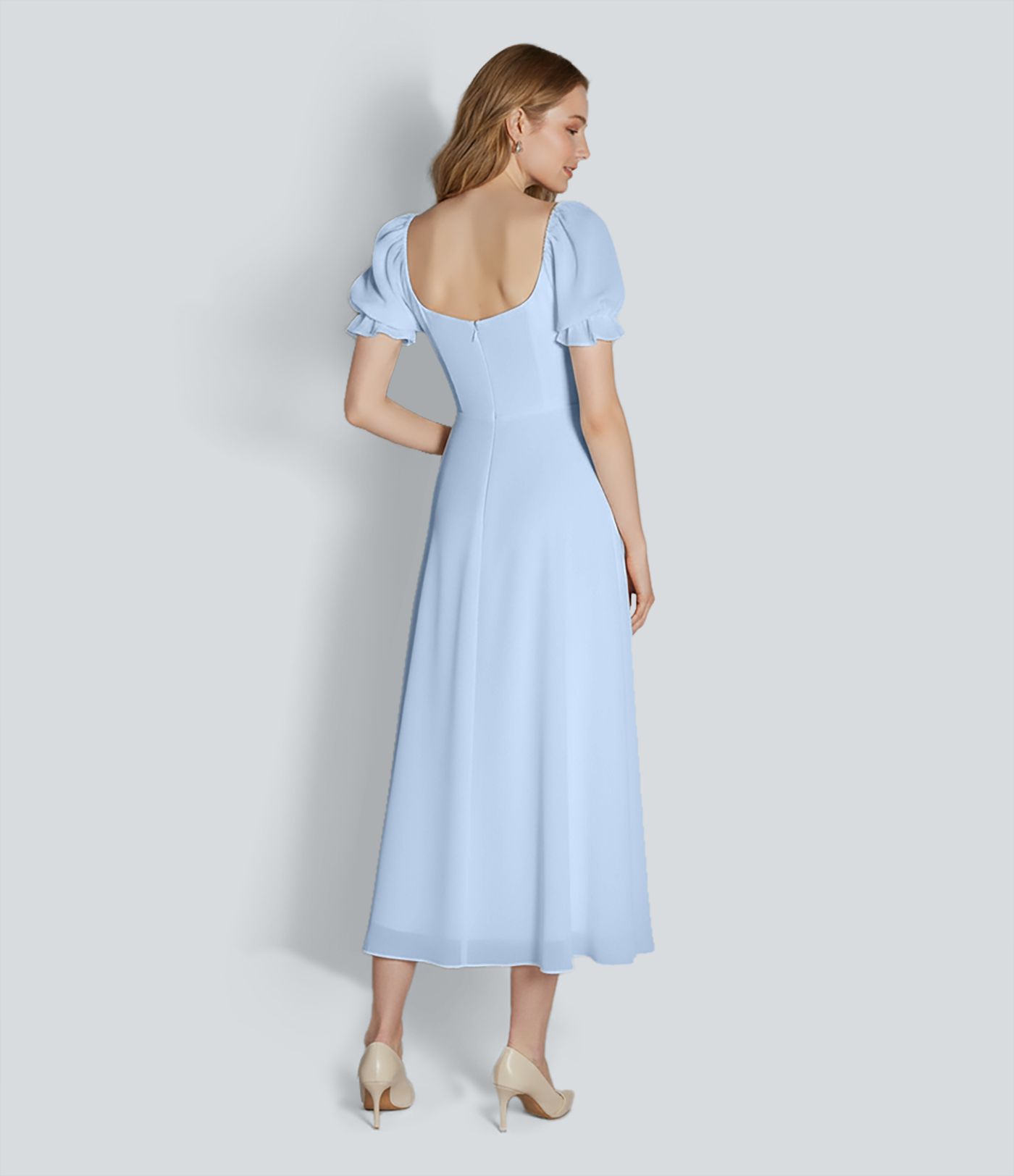 Sweetheart Neck Puff Sleeve Split Maxi Chiffon Bridesmaid And Wedding Guest Dress