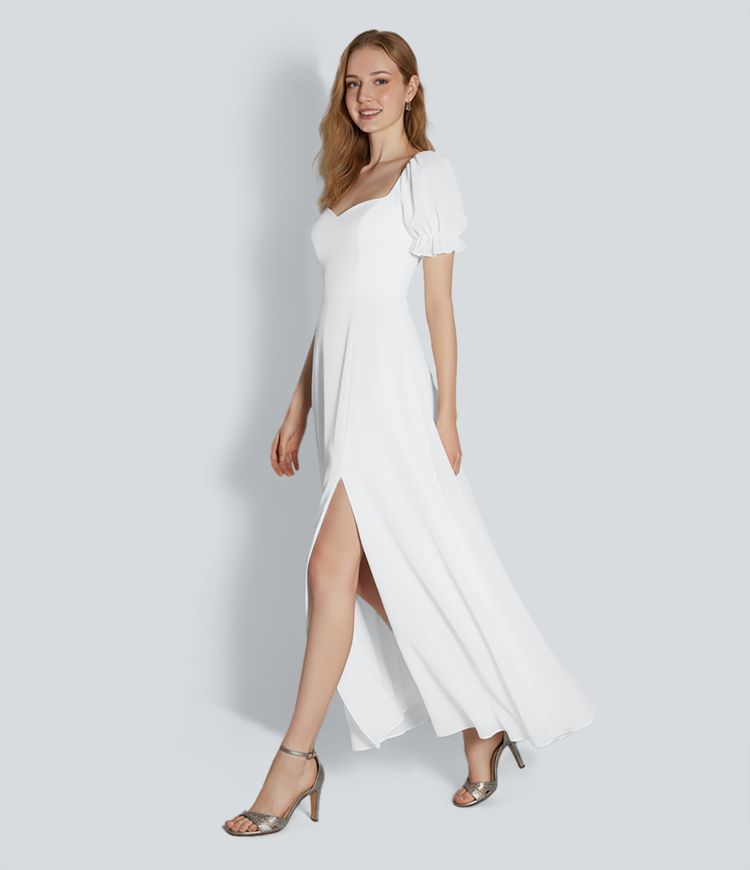 Sweetheart Neck Puff Sleeve Split Maxi Chiffon Bridesmaid And Wedding Guest Dress