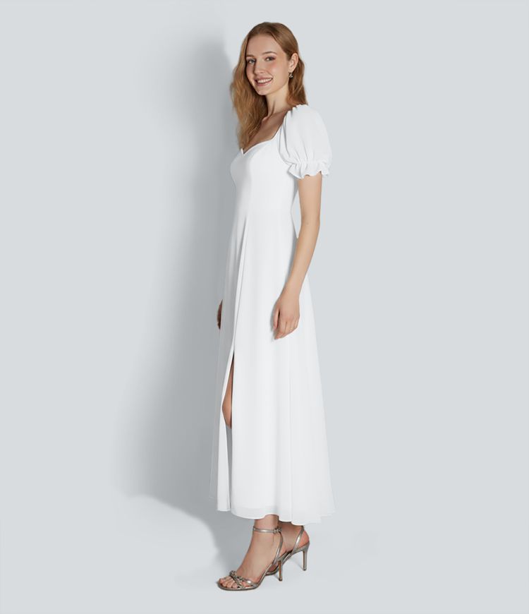 Sweetheart Neck Puff Sleeve Split Maxi Chiffon Bridesmaid And Wedding Guest Dress