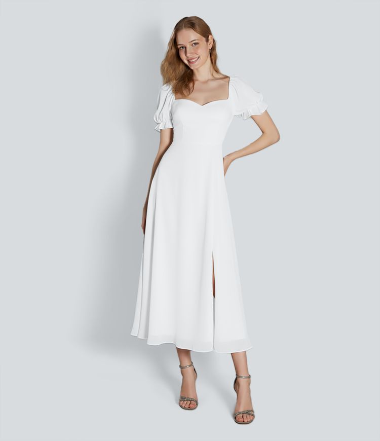 Sweetheart Neck Puff Sleeve Split Maxi Chiffon Bridesmaid And Wedding Guest Dress