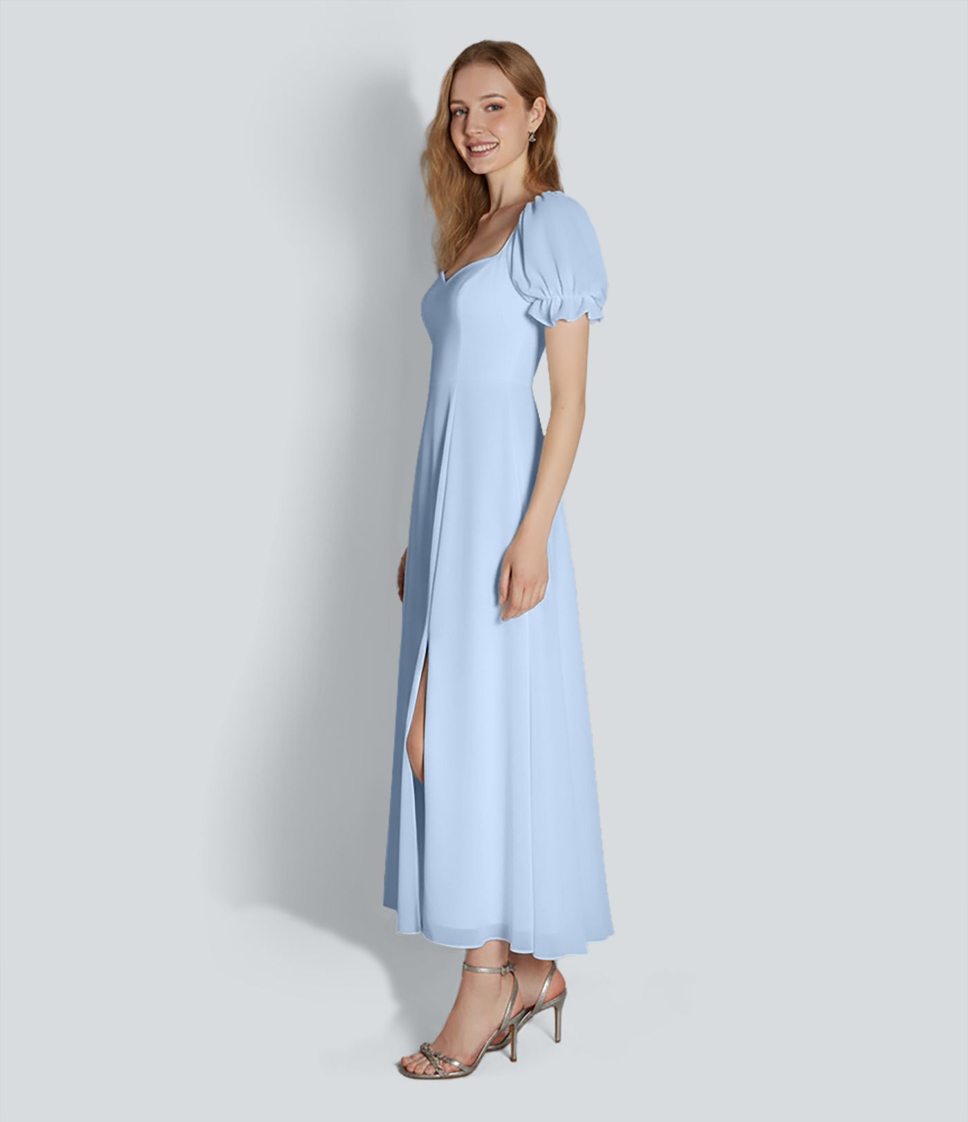 Sweetheart Neck Puff Sleeve Split Maxi Chiffon Bridesmaid And Wedding Guest Dress