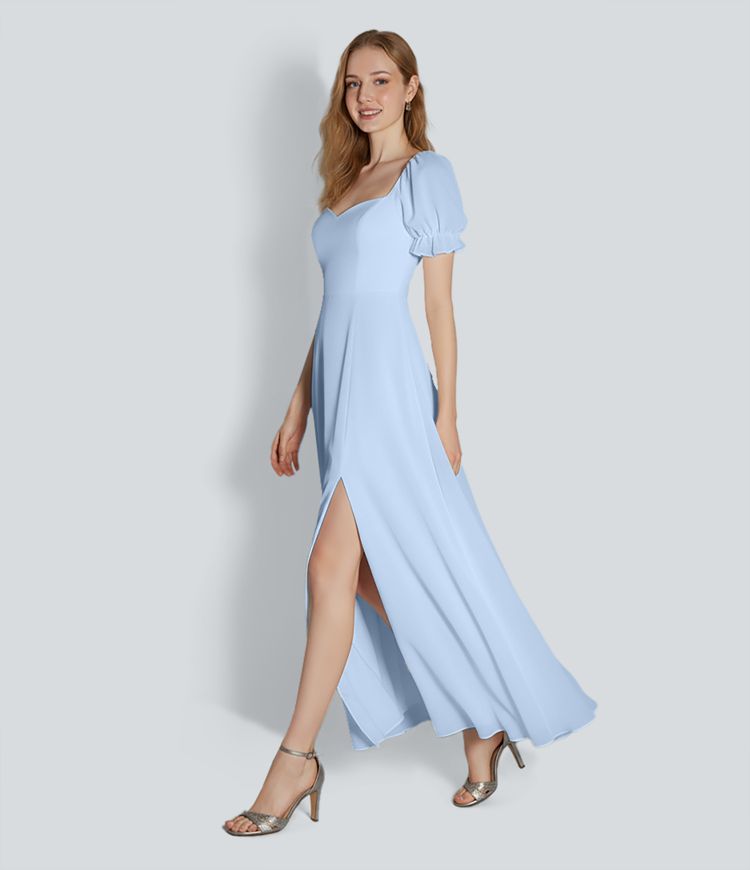 Sweetheart Neck Puff Sleeve Split Maxi Chiffon Bridesmaid And Wedding Guest Dress