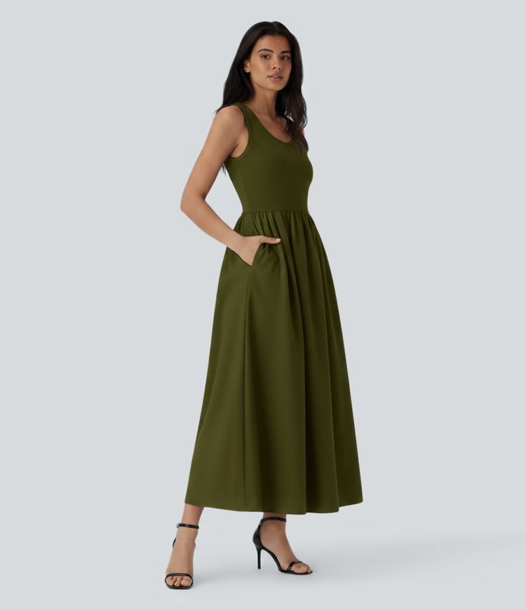 U Neck Sleeveless Maxi Casual Dress with Pockets