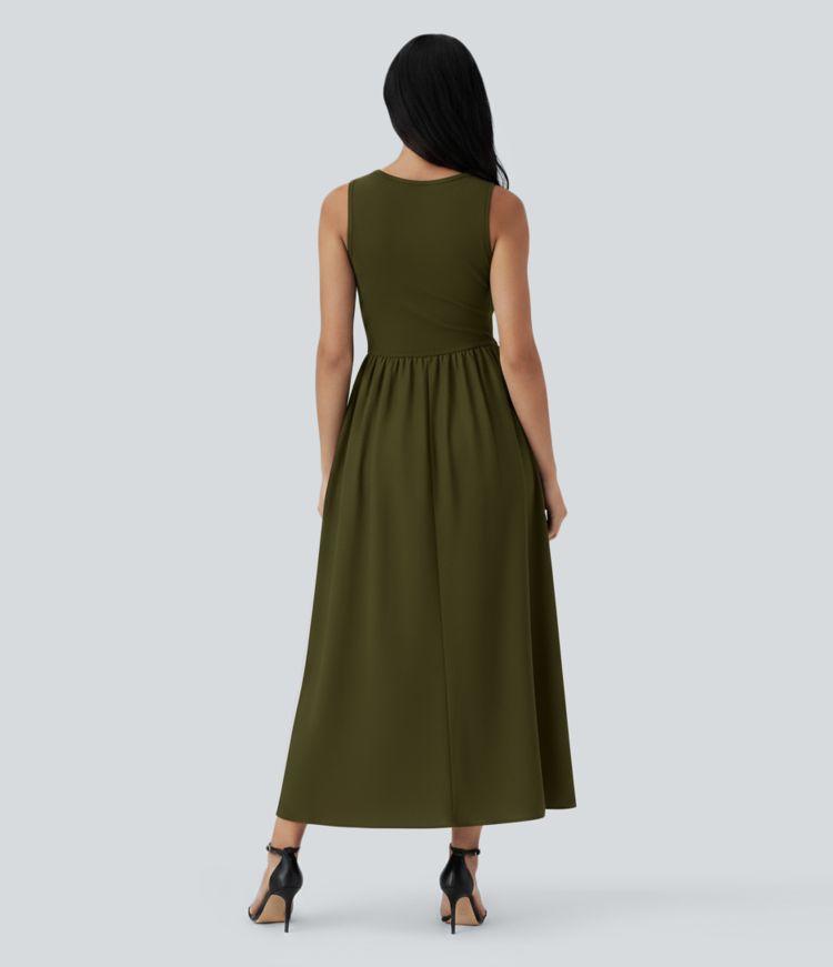 U Neck Sleeveless Maxi Casual Dress with Pockets