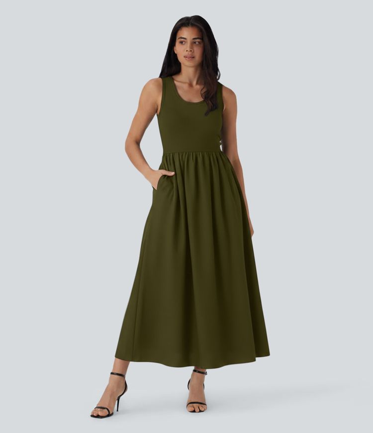 U Neck Sleeveless Maxi Casual Dress with Pockets