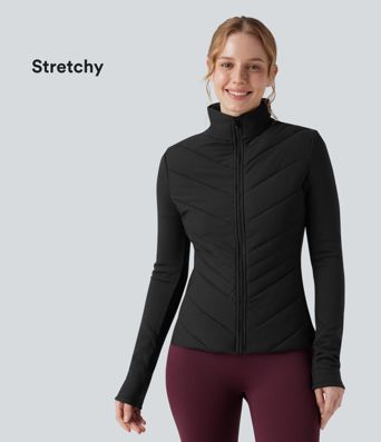 Gepolsterte, langärmlige Laufjacke mit Stehkragen, Reißverschluss und Taschen