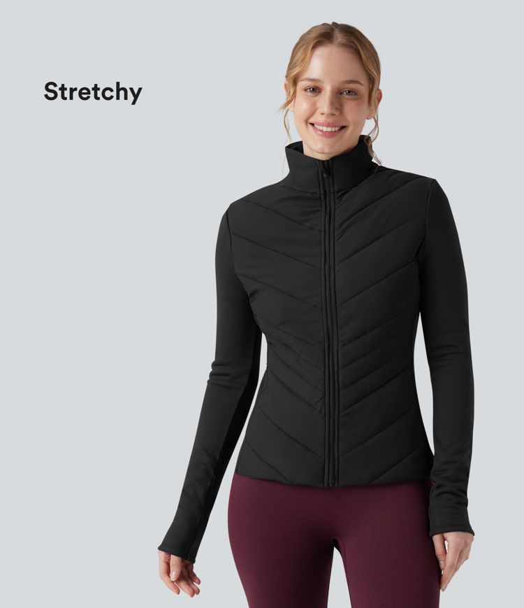 Gepolsterte, langärmlige Laufjacke mit Stehkragen, Reißverschluss und Taschen